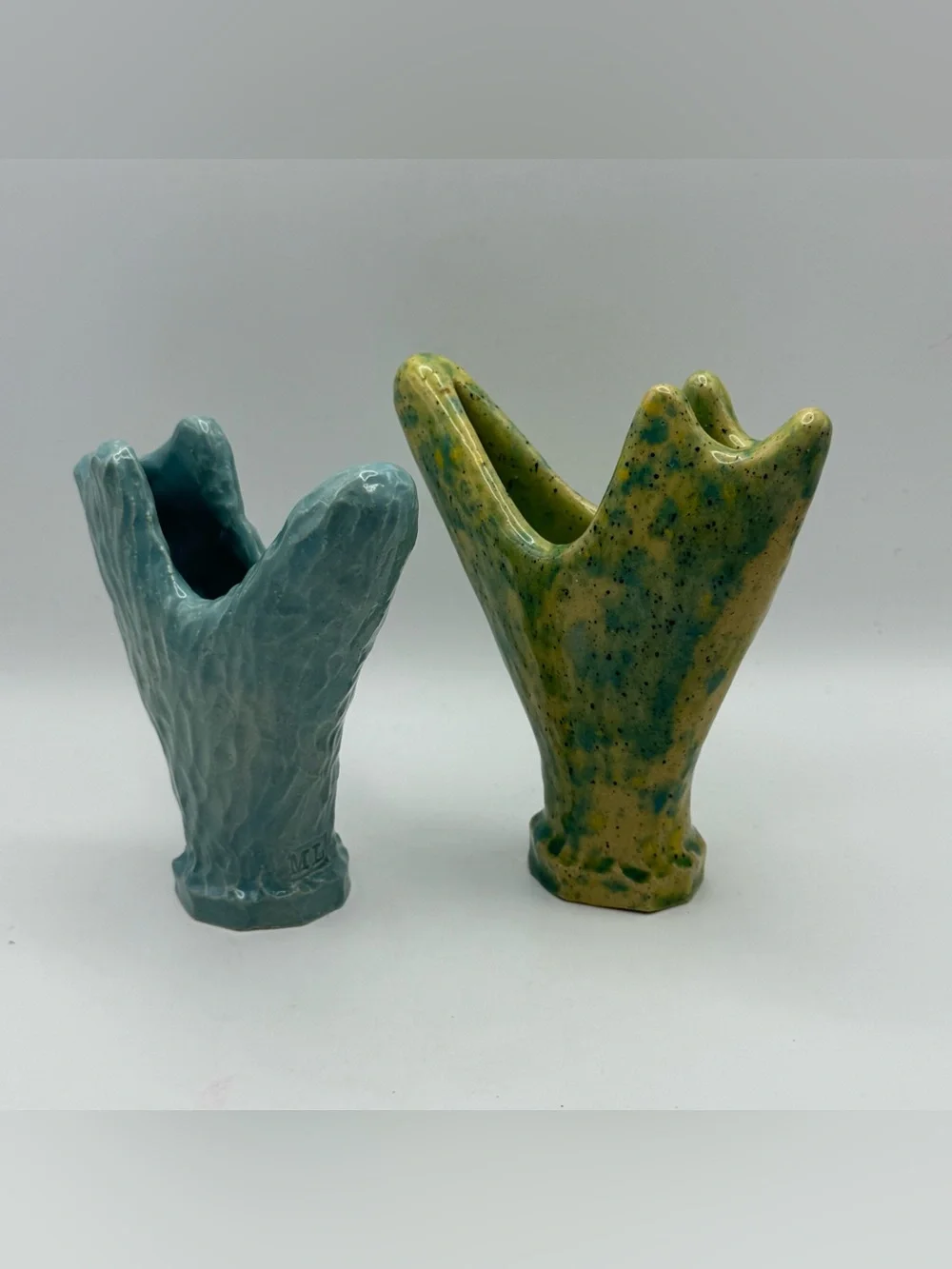 Vintage ML Studio Art Pottery Vases Pair Organic Sculptural Blue Green